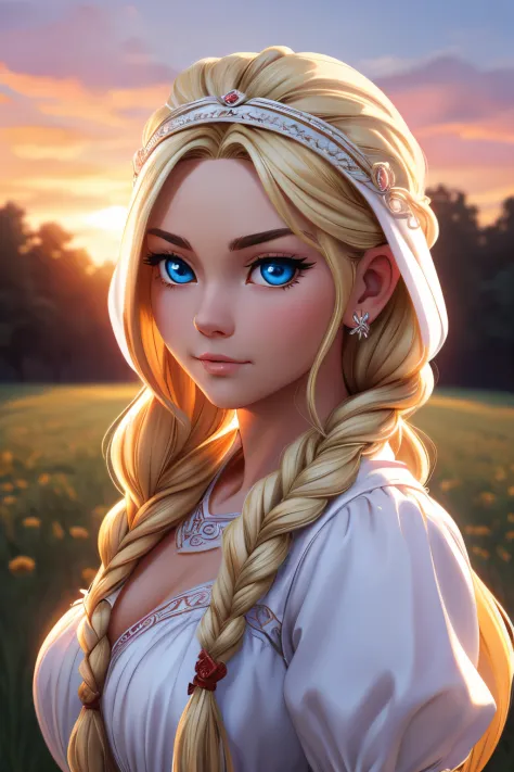 ((ultra quality)), ((tmasterpiece)), beautiful young Slavic girl, ((blonde woman, hairlong, Long braid)), Beautiful cute face, beautiful female lips, charming beauty, ((Kind expression on his face)), is looking at the camera, slightly closed eyes, ((Skin color: white)), Body glare, ((detailed beautiful female eyes)), ((big blue eyes)), beautiful female hands, ((perfect female figure)), ideal female body shapes, Beautiful waist, nice feet, big thighs, Beautiful butt, ((Subtle and beautiful)), seductively worth it ((closeup face)), ((clothes from Slavic fantasy, White dress with red ornate ruffles, Slavic hoop on the head)) background: field, Beautiful sunset, ((Depth of field)), ((high quality clear image)), ((crisp details)), ((higly detailed)), Realistic, Professional Photo Session, ((Clear Focus)), ((cartoon)), the anime, NSFW
