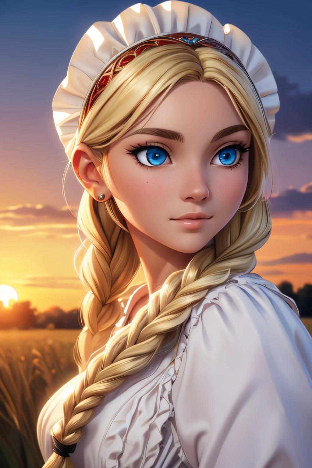 ((ultra quality)), ((tmasterpiece)), beautiful young Slavic girl, ((blonde woman, hairlong, Long braid)), Beautiful cute face, beautiful female lips, charming beauty, ((Kind expression on his face)), is looking at the camera, slightly closed eyes, ((Skin color: white)), Body glare, ((detailed beautiful female eyes)), ((big blue eyes)), beautiful female hands, ((perfect female figure)), ideal female body shapes, Beautiful waist, nice feet, big thighs, Beautiful butt, ((Subtle and beautiful)), seductively worth it ((closeup face)), ((clothes from Slavic fantasy, White dress with red ornate ruffles, Slavic hoop on the head)) background: field, Beautiful sunset, ((Depth of field)), ((high quality clear image)), ((crisp details)), ((higly detailed)), Realistic, Professional Photo Session, ((Clear Focus)), ((cartoon)), the anime, NSFW