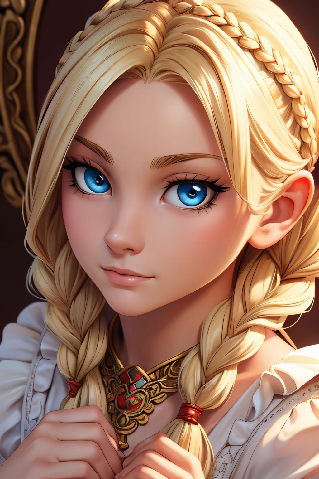 ((ultra quality)), ((tmasterpiece)), beautiful young Slavic girl, ((blonde woman, hairlong, Long braid)), Beautiful cute face, beautiful female lips, charming beauty, ((Kind expression on his face)), is looking at the camera, slightly closed eyes, ((Skin color: white)), Body glare, ((detailed beautiful female eyes)), ((big blue eyes)), beautiful female hands, ((perfect female figure)), ideal female body shapes, Beautiful waist, nice feet, big thighs, Beautiful butt, ((Subtle and beautiful)), seductively worth it ((closeup face)), ((clothes from Slavic fantasy, White dress with red ornate ruffles)) background: flower field, Beautiful sunset, ((Depth of field)), ((high quality clear image)), ((crisp details)), ((higly detailed)), Realistic, Professional Photo Session, ((Clear Focus)), ((cartoon)), the anime, NSFW