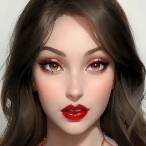 a close up of a woman with a red lipstick and a necklace, inspired by Ksenia Milicevic, red lipstick on face, wide golden eyes and red lips, sexy face with full makeup, lips wide parted, thick red lips, big eyes and lips, perfect face ), light-red lips, in...