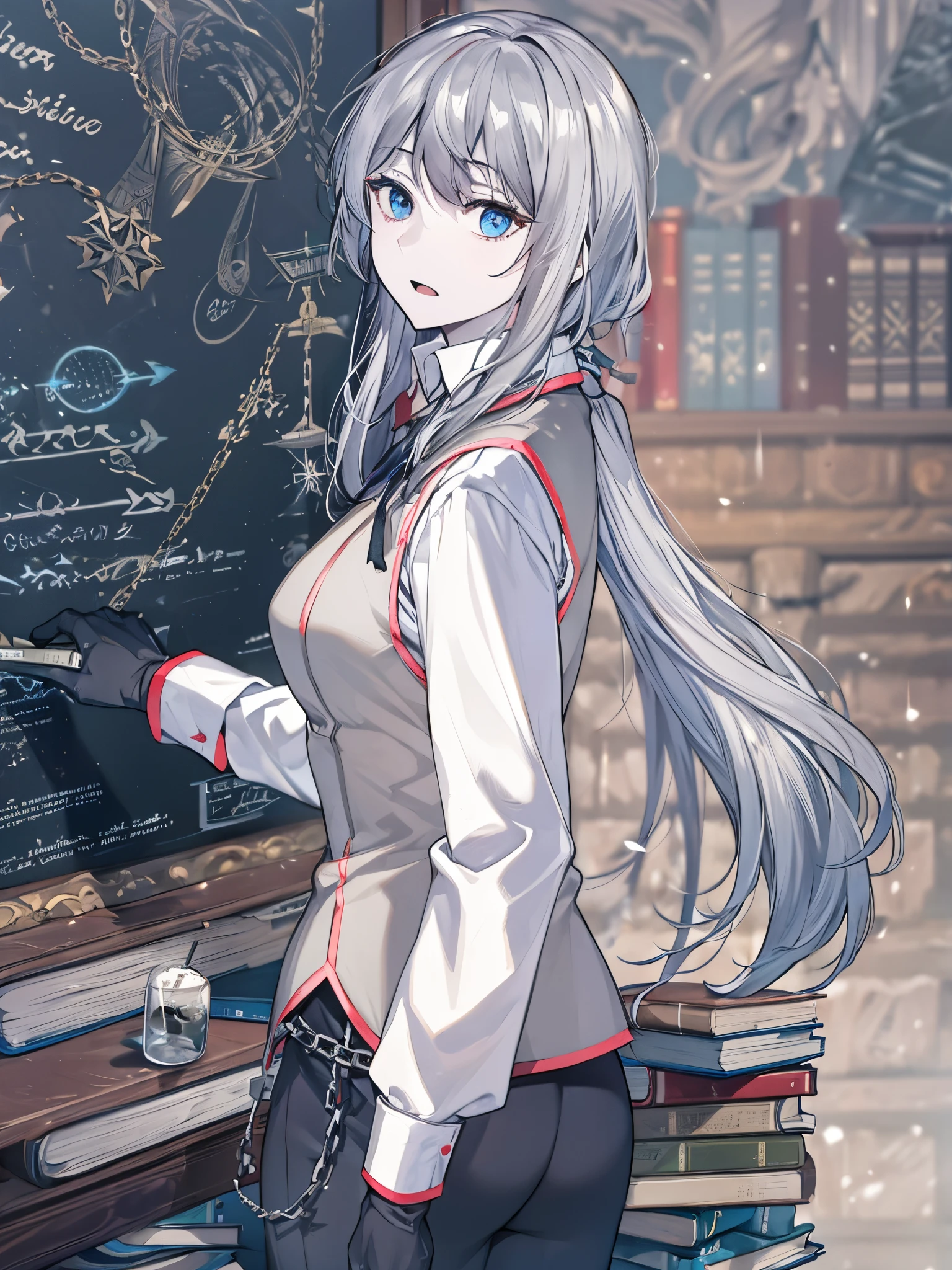 (masterpiece:1.2), (pale skin:1.2), (solo:1.2), (female:1.1), (emphasis lines:1.3), long hair, gray hair, indoors, blue eyes, vest, gloves, blackboard, chalk, books, chain