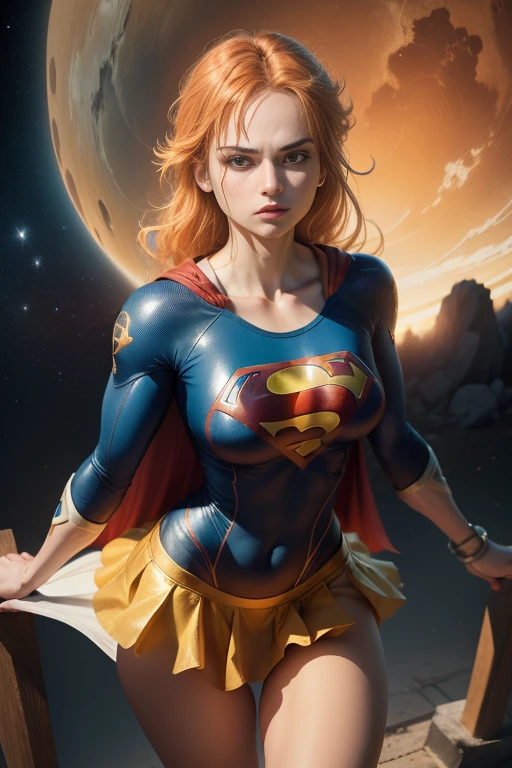 ((melhor qualidade)) ((Ultra Detalhado)) ((foto do corpo inteiro)) ((com da roupa da supergirl)) ((rosto detalhado)) ((maiô azul com saia curta vermelha)), ((Seios enormes)) ((cabelo longo laranja)) ((cabelo longo sedoso)) ((Nami uma peça)) ((corpo atlético)) ((olhos atraentes)) ((olhos afiados)) ((corpo magro)) ((Sombras de alta resolução)) ((cores atrativas)) ((pulseiras de ouro)) , Apertado ,capa vermelha, símbolo do super homem, sombras claras, pose heróica, no espaço com os planetas atrás.