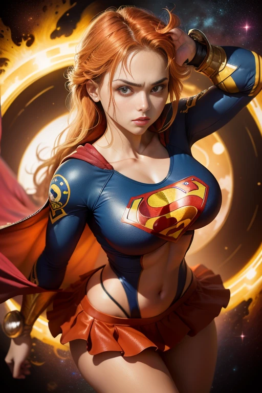 ((best quality)) ((Ultra Detalhado)) ((foto do corpo inteiro)) ((com da roupa da supergirl)) ((rosto detalhado)) ((blue swimsuit with a short red skirt)), ((Seios enormes)) ((cabelo longo laranja)) ((cabelo longo sedoso)) ((nami one piece)) ((Athletic body)) ((olhos atraentes)) ((sharp eyes)) ((corpo magro)) ((High-resolution shadows)) ((cores atrativas)) ((pulseiras de ouro)) , Apertado ,capa vermelha, super man s symbol, sombras claras, heroic pose, in space with the planets behind.