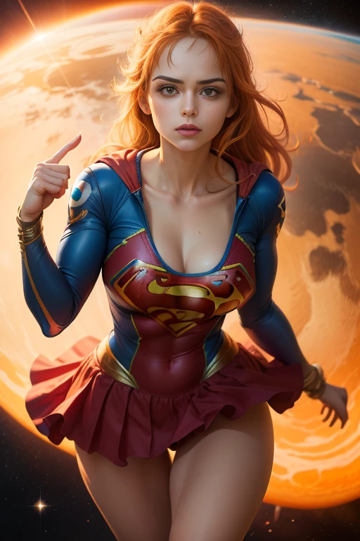 ((best quality)) ((Ultra Detalhado)) ((foto do corpo inteiro)) ((com da roupa da supergirl)) ((rosto detalhado)) ((blue swimsuit with a short red skirt)), ((big breasts)) ((cabelo longo laranja)) ((cabelo longo sedoso)) ((nami one piece)) ((Athletic body)) ((olhos atraentes)) ((sharp eyes)) ((corpo magro)) ((High-resolution shadows)) ((cores atrativas)) ((pulseiras de ouro)) , Apertado ,capa vermelha, super man s symbol, sombras claras, pose sexy, in space with the planets behind.