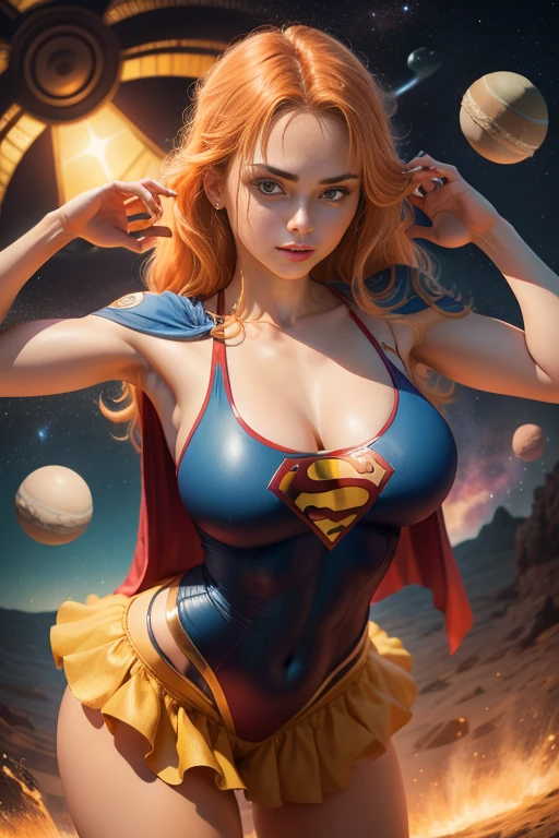 ((best quality)) ((Ultra Detalhado)) ((foto do corpo inteiro)) ((com da roupa da supergirl)) ((rosto detalhado)) ((blue swimsuit with a short red skirt)), ((big breasts)) ((cabelo longo laranja)) ((cabelo longo sedoso)) ((nami one piece)) ((Athletic body)) ((olhos atraentes)) ((sharp eyes)) ((corpo magro)) ((High-resolution shadows)) ((cores atrativas)) ((pulseiras de ouro)) , Apertado ,capa vermelha, super man s symbol, sombras claras, pose sexy, in space with the planets behind.