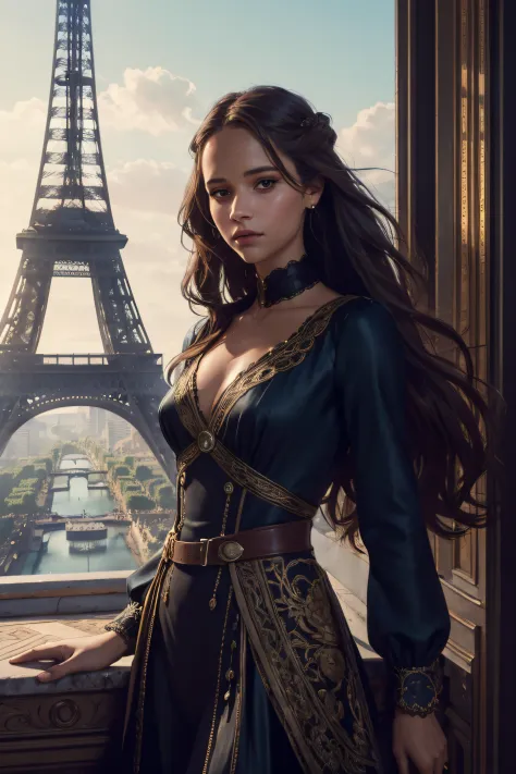 Alicia Vikander, sexy clothes, stand in the background of the Eiffel Tower, character portrait, 4 9 9 0 s, long hair, intricate,...