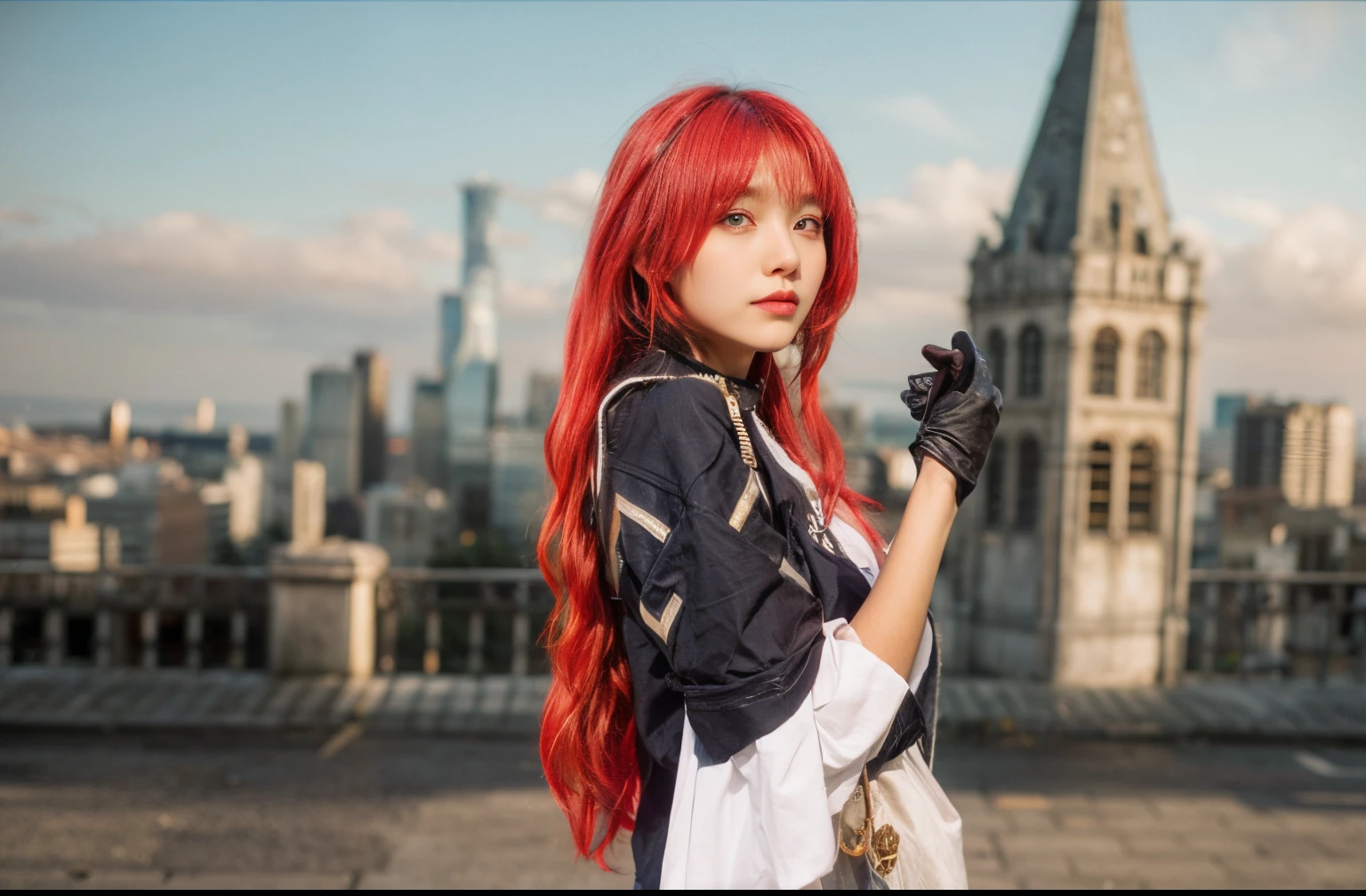 She stood on the street, her black and white outfit contrasting with the gold accents on her gloves, headband, and shoes. Her long red hair flowed behind her, catching the light of the setting sun. She looked away from the camera, as if she was waiting for someone or something to appear. Behind her, the city rose in a gothic style, with spires, arches, and gargoyles. The city was a mixture of old and new, with ancient buildings and modern skyscrapers. She wondered what secrets the city held, and what adventures awaited her.