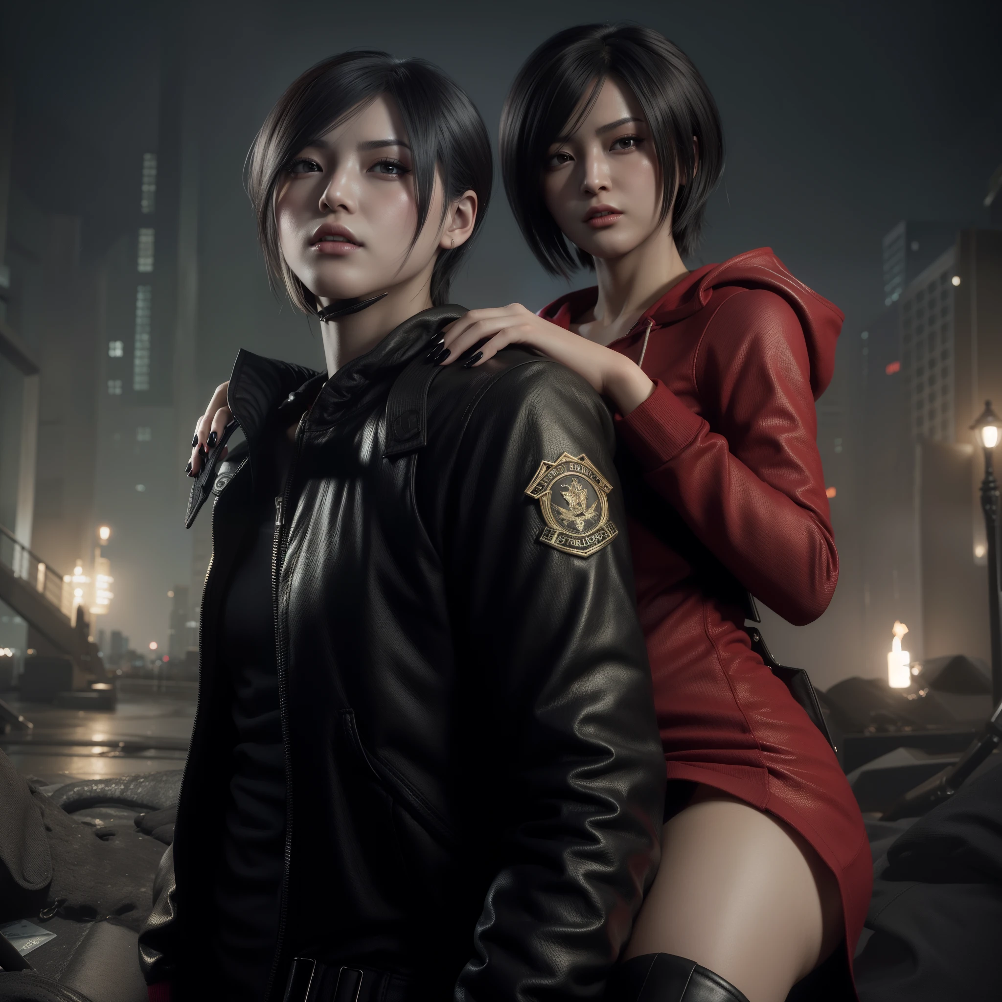 Woman, Ada wong, wearing mini reddress with hoody, black nails polish,