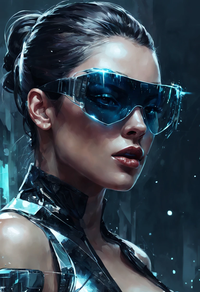 Design a digital artwork featuring a futuristic femme fatale with sleek, reflective glass glasses and a smooth, high-tech texture, centered, approaching perfection, dynamic, highly detailed, artstation, concept art, smooth, sharp focus, illustration, art by Carne Griffiths and Wadim Kashin,