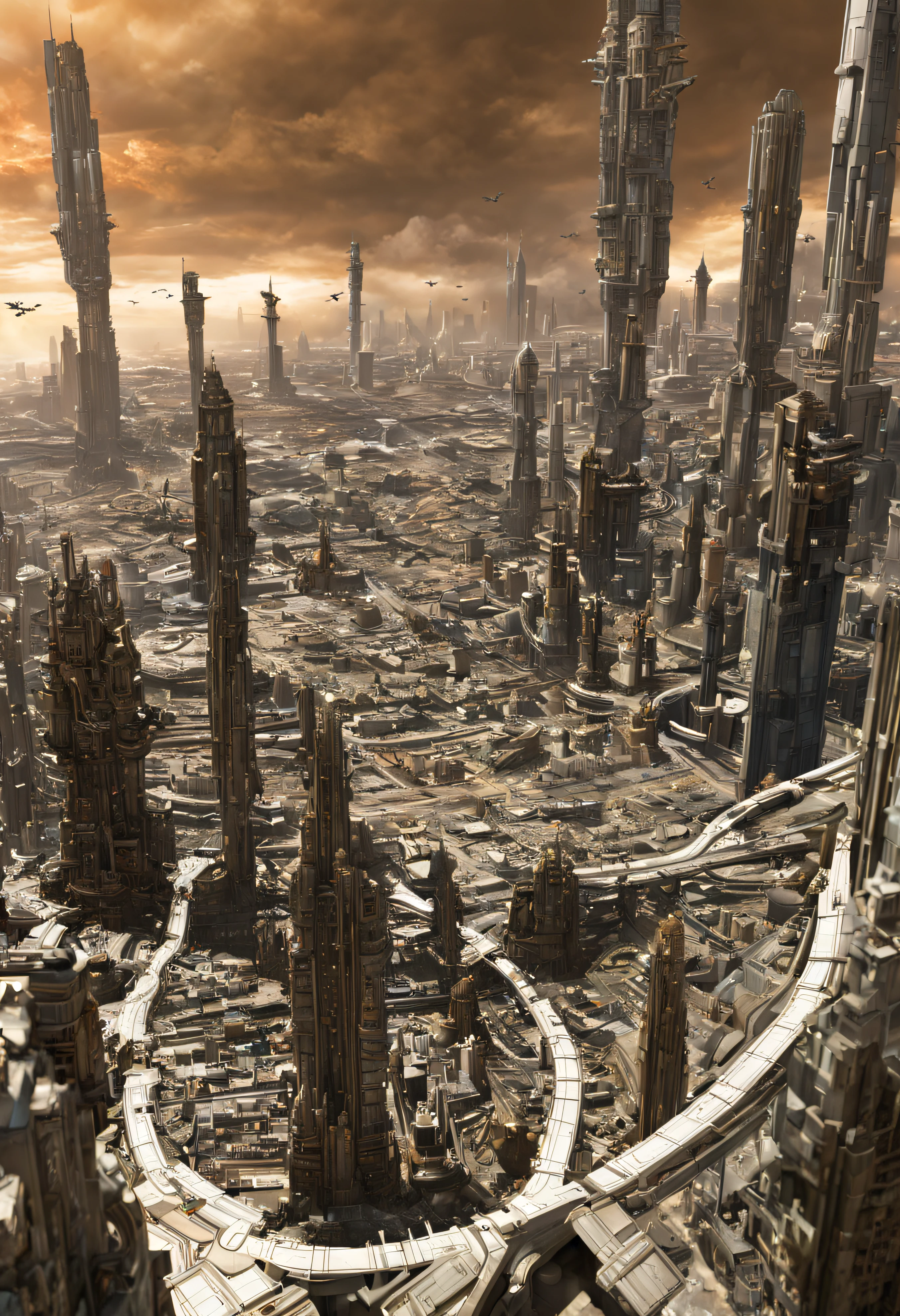 Die Stadt Coruscant aus Star Wars, entworfen von Doug Chiang, futuristische Fantasiestadt mit riesigen Gebäuden im technologischen Design (die eine unendliche Allee bilden), Unscharfe Kompaktorgebäude, mit silberglasierten Strukturen, spektakuläres Gold und Bronze, (mit leuchtenden Farben). sonniger Bürgersteig (langweilig). Menschen gehen. gut definiertes Bild mit vielen Gebäuden zusammen. Scharfes, gut definiertes 8K-Bild. Die Gebäude ragen weit in den Hintergrund.,8k. kinematografisches Bild. Beleuchtung zur goldenen Stunde. Gehobene Qualität. (Meisterwerk). 3D-Rendering.