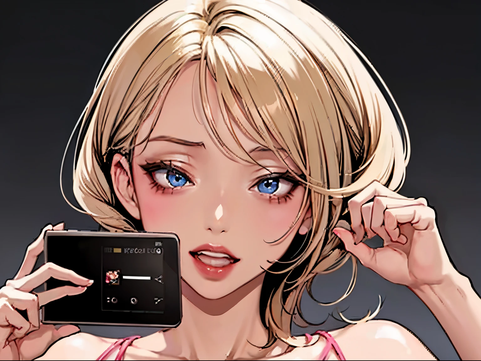 1boy,Shooting hand、POV, Hold up your smartphone screen、Girl on smartphone screen、Smartphone screen in front of the screen、Smartphone Focus、1girll、Girl in the back、Blonde Gal、Fancy makeup、Shiny pink bed、