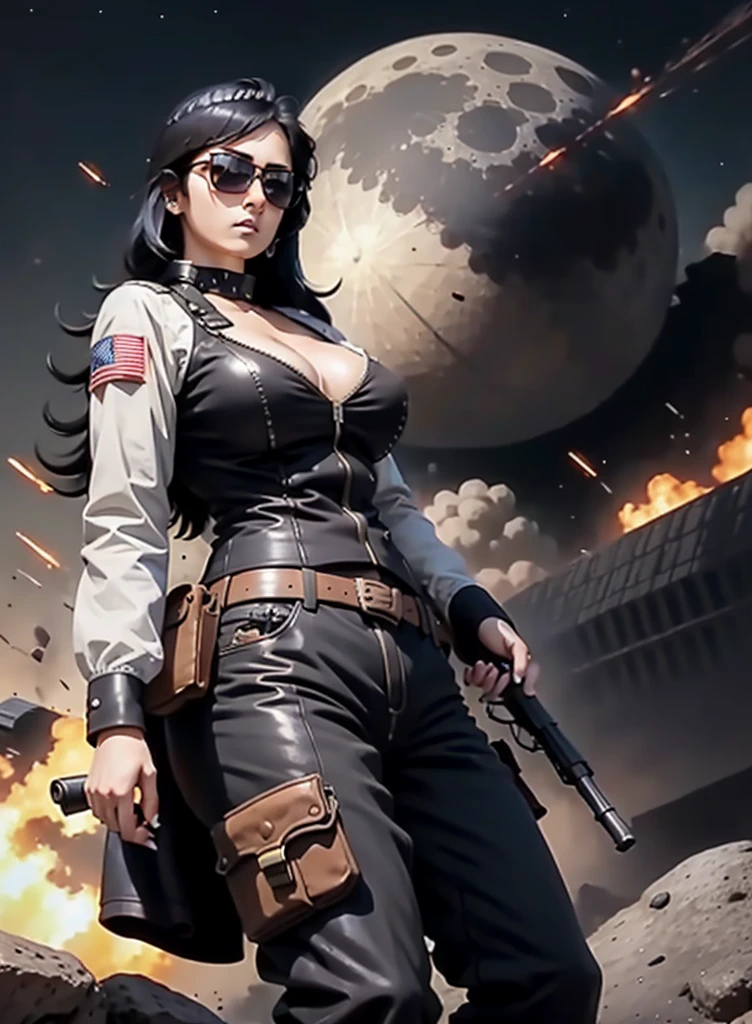 Large breasted woman, pants, rivets, holsters, big gun, long black hair, sunglasses, on the moon, explosions behind.