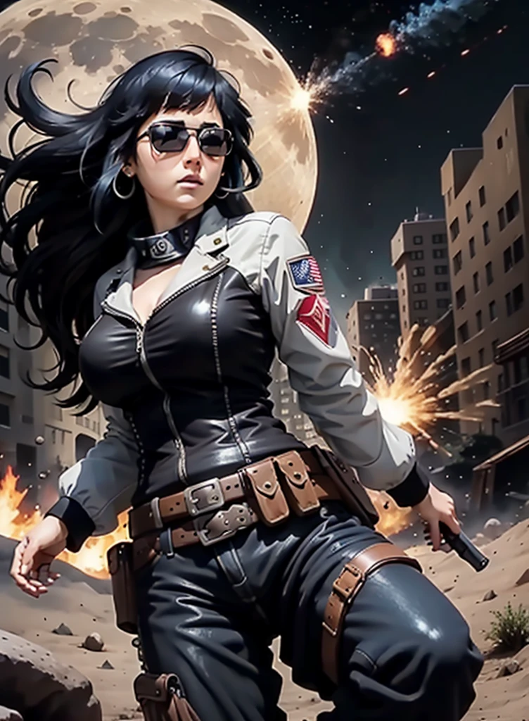 Large breasted woman, pants, rivets, holsters, big gun, long black hair, sunglasses, on the moon, explosions behind.