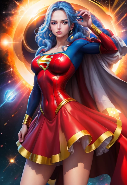 ()best quality)) ((Ultra Detalhado)) ((supergirl)) ((foto do corpo inteiro)) (( botas vermelhas)) ((com da roupa da supergirl)) ((rosto detalhado)) ((blue swimsuit)) ((big tits)) ((cabelo longo azul claro)) ((cabelo longo sedoso)) ((vivi one piece)) ((corpo atletico)) ((olhos atraentes)) ((sharp eyes)) ((corpo magro)) ((High-resolution shadows)) ((cores atrativas)) ((pulseiras de ouro)) , Apertado ,capa vermelha, symbol of superman, sombras claras, heroic pose, in space with the planets behind.