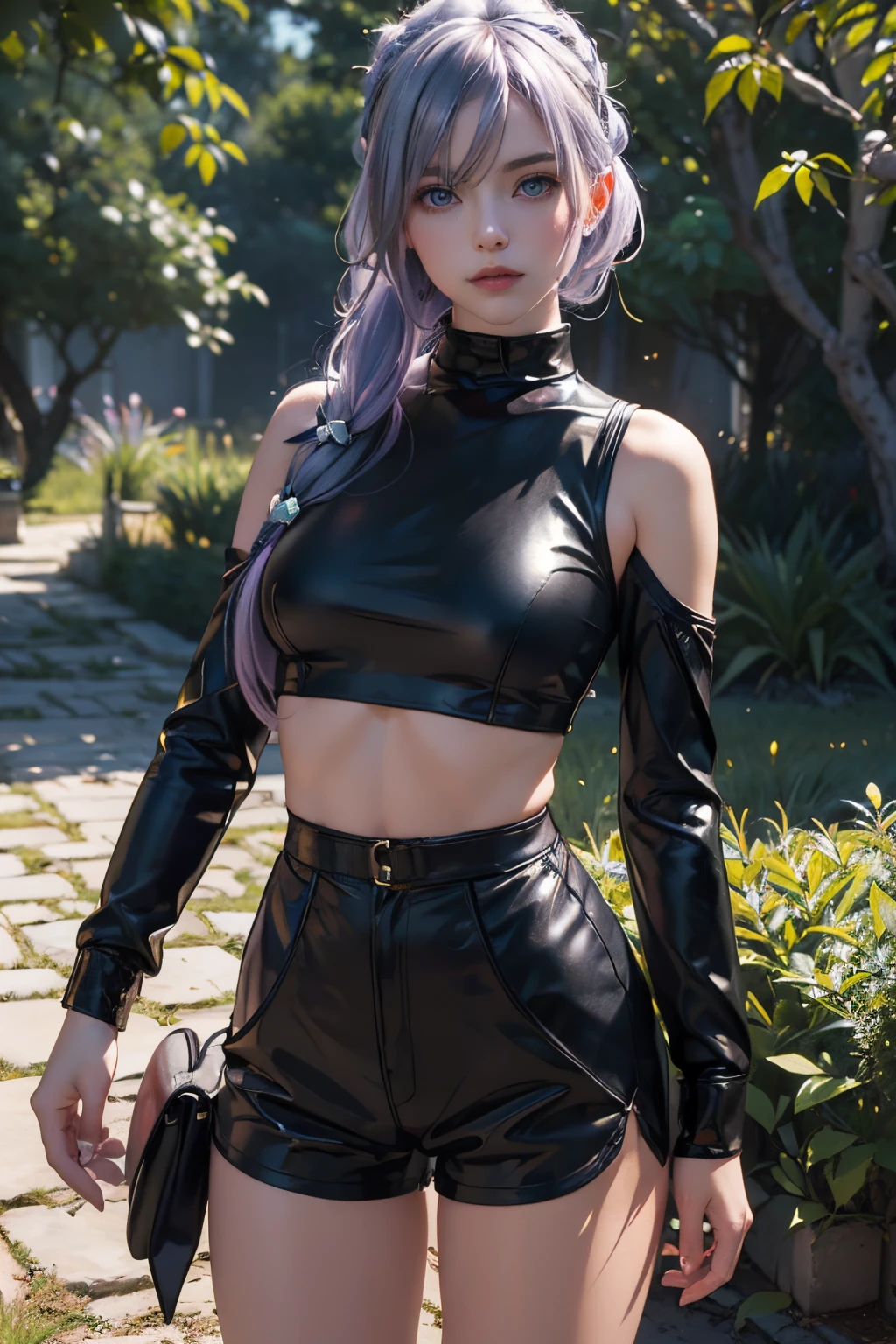 The tooltip for a given topic looks like this: "Girl with a European face, Aryan face, 20years old, Silvery-purple hair, pale purple-blue hair, Bright blue eyes, Her hair is tied up in a bun and falls to her right shoulder. Dressed in a comfortable leather suit, ((black shorts)), Black Leather Leggings, (((clothes in dark colors))), close-fitting clothes, (Best Quality, 4k, 8K, hight resolution, Masterpiece:1.2) Ultra-detailed features, including realistic, Photorealistic eyes and face. The figure shows the media (Insert Material) that resembles an illustration, oil painting, or 3D rendering. Girl in the garden with bright flowers and sharp focus, soft studio lighting. The overall atmosphere is calm and serene, with a touch of unearthly beauty. The color scheme is dominated by shades of black, Creating a dreamy and surreal aesthetic."