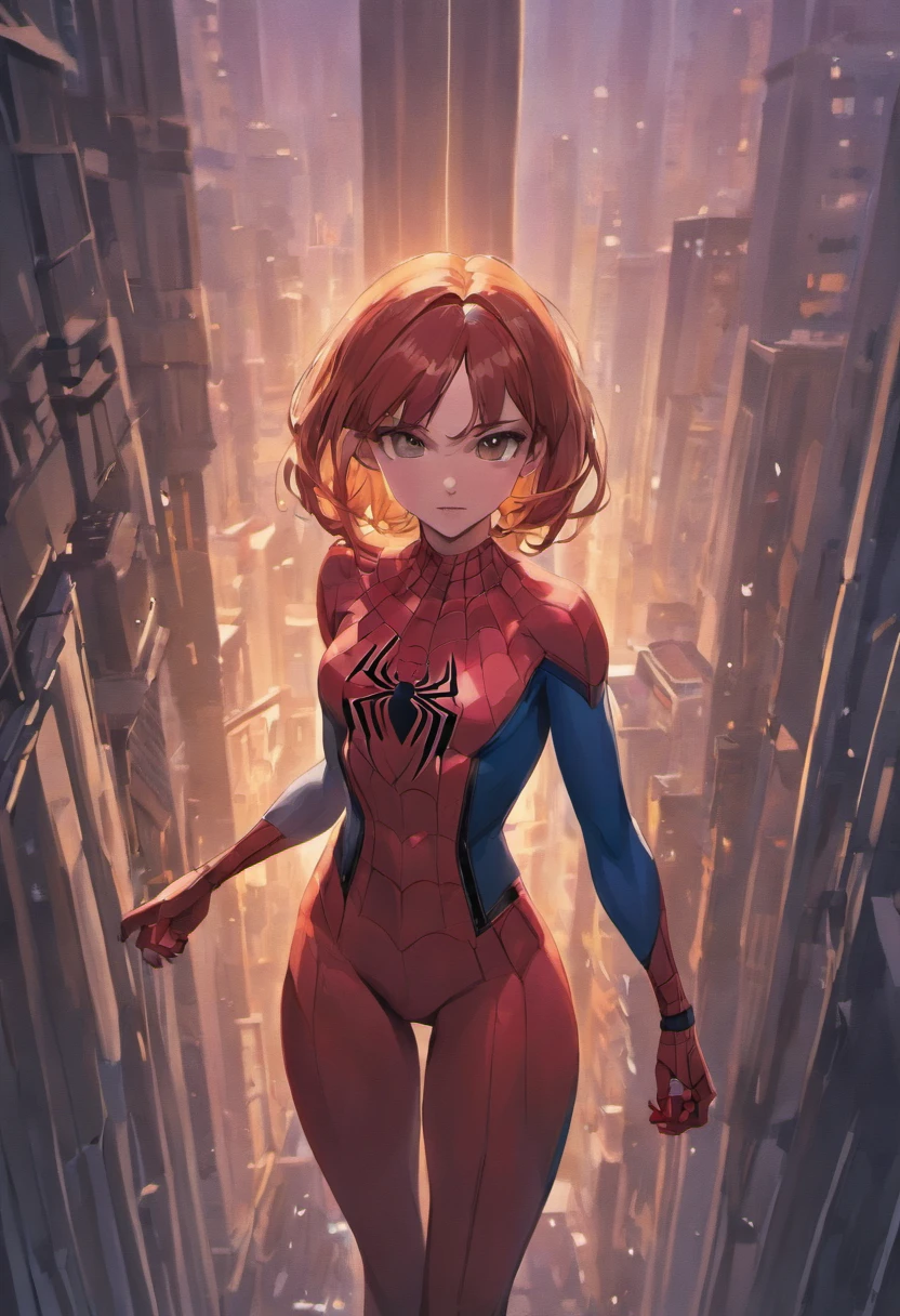 A woman in a spider - suit stands on a ledge above a city - SeaArt AI