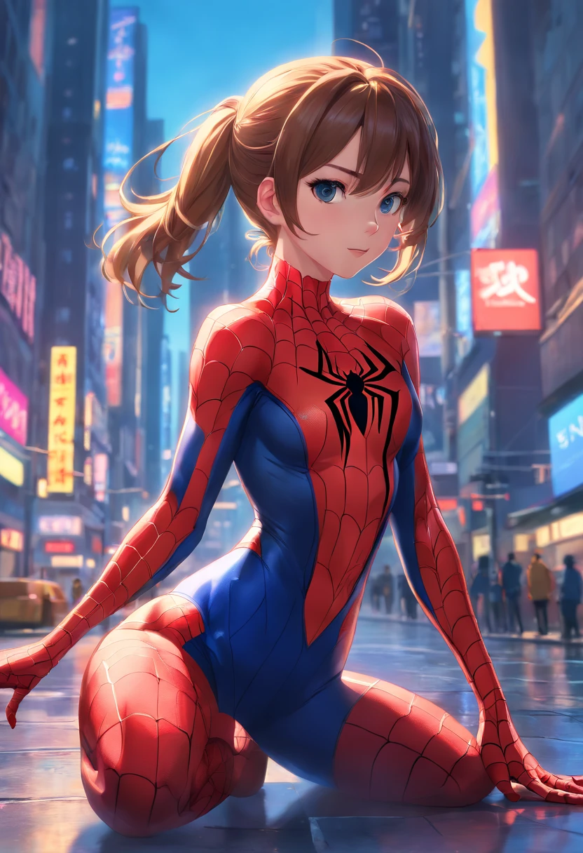 Spider - man girl in a city with a big smile - SeaArt AI