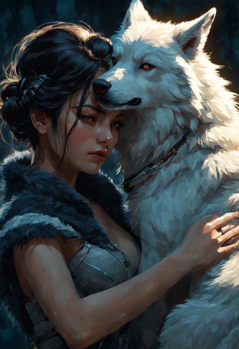 Deeply emotional beautiful woman hugging her wolf companion. Dark background. emotional. Dynamic Angle. open eyes. Detailed fur. by Jeremy Mann, Stephen Grammell, Futurism, modern science fiction picture] aikut aidogdu, Highly detailed, Extremely detailed, delicate detail, crisp quality, ultra realistis, A hyper-realistic, The Dark Art of James Jean, takato yamamoto,, Unreal engine, by Greg Rutkowsky, loish, rhads, beeple, Makoto Shinkai and Lois van Baarle, illya kuvshinov, rossdraws, Tom Bagshaw, Alphonse Mucha, Global Illumination, detailed and intricate environment, HDR, 500 pixels, 4k, Gabriel Delotto, Midjourney AI Style