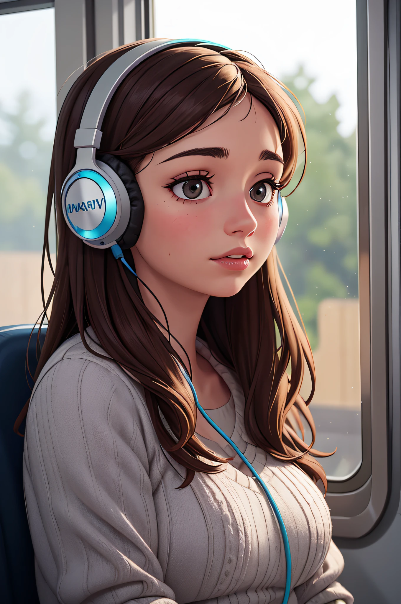 arafed woman wearing headphones on a train looking out the window, with headphones, girl wearing headphones, headphones, with head phones, headphones on, wearing headphones, high quality portrait, ultra realistic. cinematic, detailed portrait shot, beautiful features, headset, ultra realistic pictures, cinematic realistic portrait, an ultra realistic photo, listening to music, portrait sophie mudd