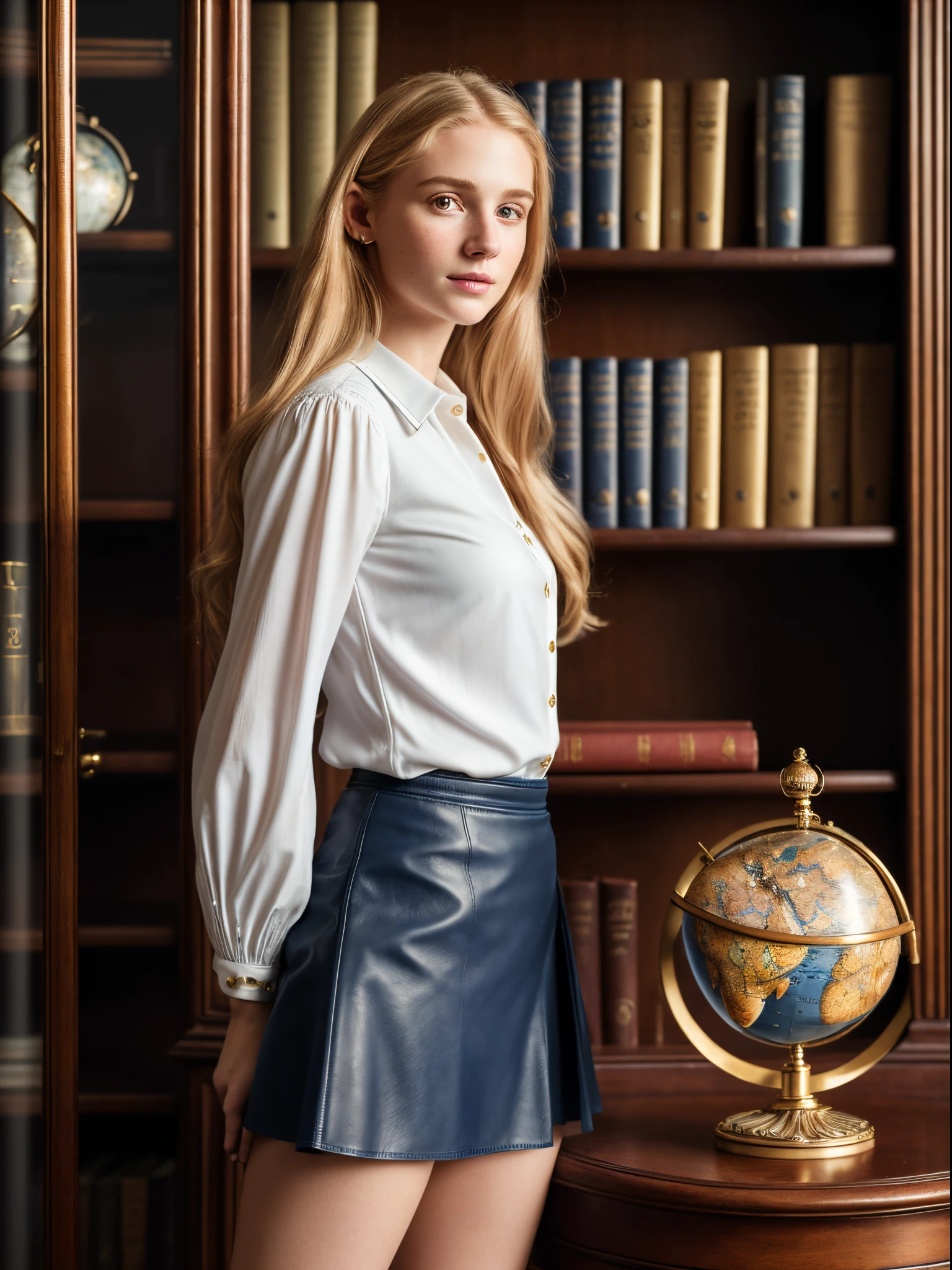 Full length portrait, Realistic, Photorealistic, high quality, raw photo, depth of field, 35mm, film grain, analog photo style, isometric, Realistic bokeh, detailed face with delicate facial features, (beautiful 18 y o. woman with golden hair in the cabinet with bookcase and big steampunk globe), (she has a thin waist and dressed in dark blue narrow fitted skirt, white blouse and small leather boots), looking very elegance and sexy, natural relaxed posture, faded film colors, cinematic light,