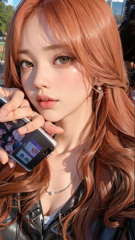 There is a woman with long red hair holding a mobile phone, Lalisa Manobal, jossi do blackpink, Ulzzang, Dom Yunjoo, Lalisa Manoban do Blackpink, Parque Roseanne do Blackpink, Jinyoung Canela, Sakimichan, Jaeyeon Nam, Kim Doyoung, jisoo do blackpink, Fotog...
