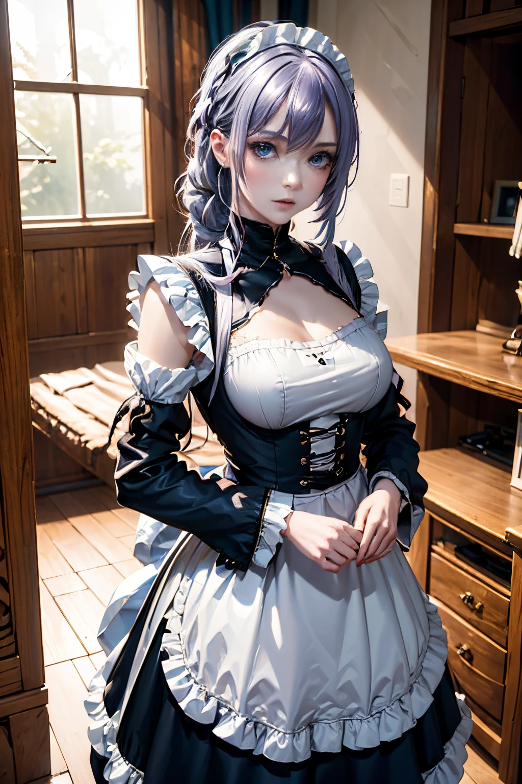 The tooltip for a given topic looks like this: "Girl with a European face, Aryan face, 20years old, Silvery-purple hair, pale purple-blue hair, Bright blue eyes, Her hair is tied up in a bun and falls to her right shoulder, shoulder braid. (Dressed in a comfortable maid outfit: 1.3), (((clothes in dark colors))), close-fitting clothes, (Best Quality, 4k, 8K, hight resolution, Masterpiece:1.2) Ultra-detailed features, including realistic, Photorealistic eyes and face. The figure shows the media (Insert Material) that resembles an illustration, oil painting, or 3D rendering. Girl in the garden with bright flowers and sharp focus, soft studio lighting. The overall atmosphere is calm and serene, with a touch of unearthly beauty. The color scheme is dominated by shades of black, Creating a dreamy and surreal aesthetic."