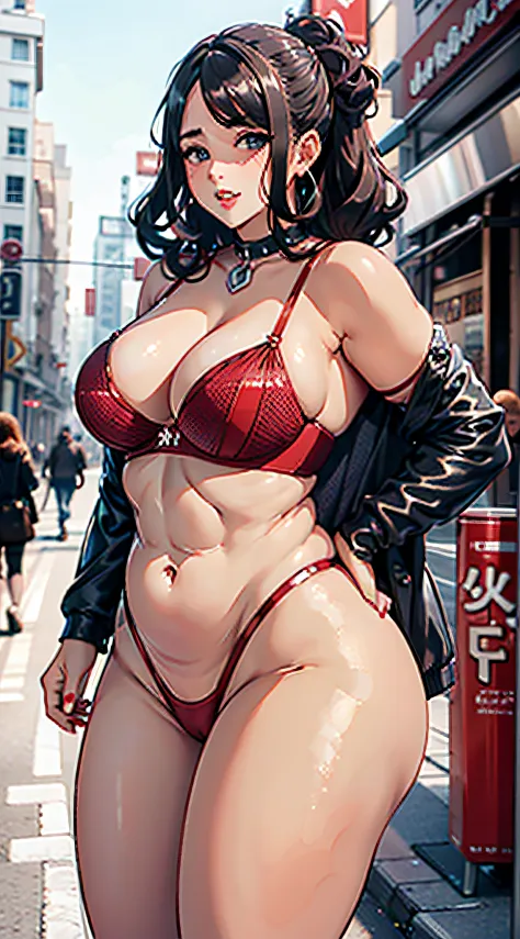 beautiful chubby woman, tight shiny red bra, crowded street, crowded scene