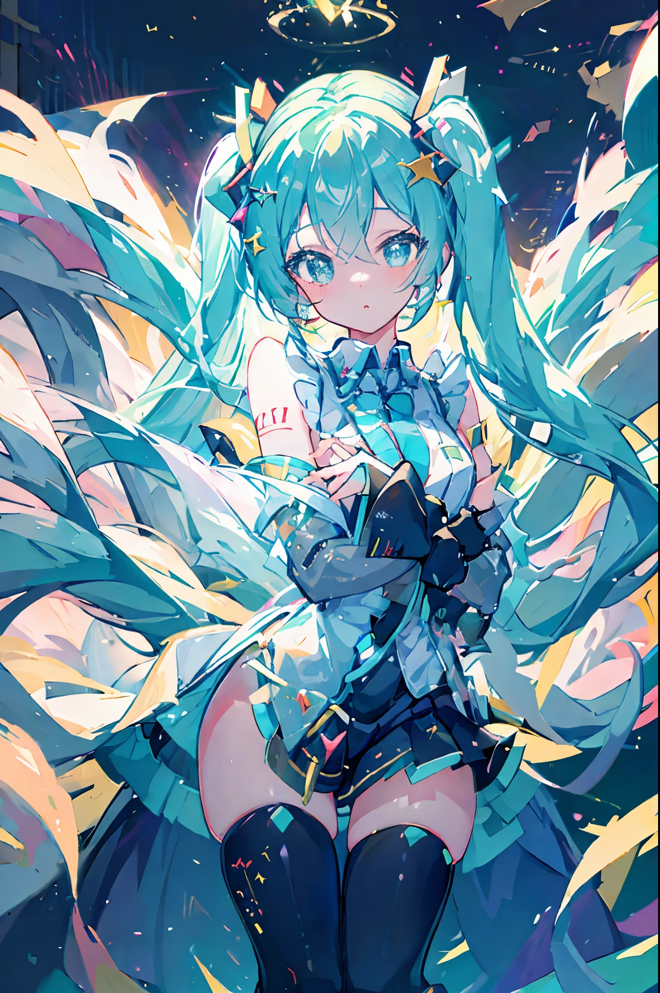 miku hatsune, rail en étoile, pluie de météorites, Pilier de Lumière, 8k, chef-d&#39;œuvre, meilleure qualité, visage très détaillé, Beaux yeux