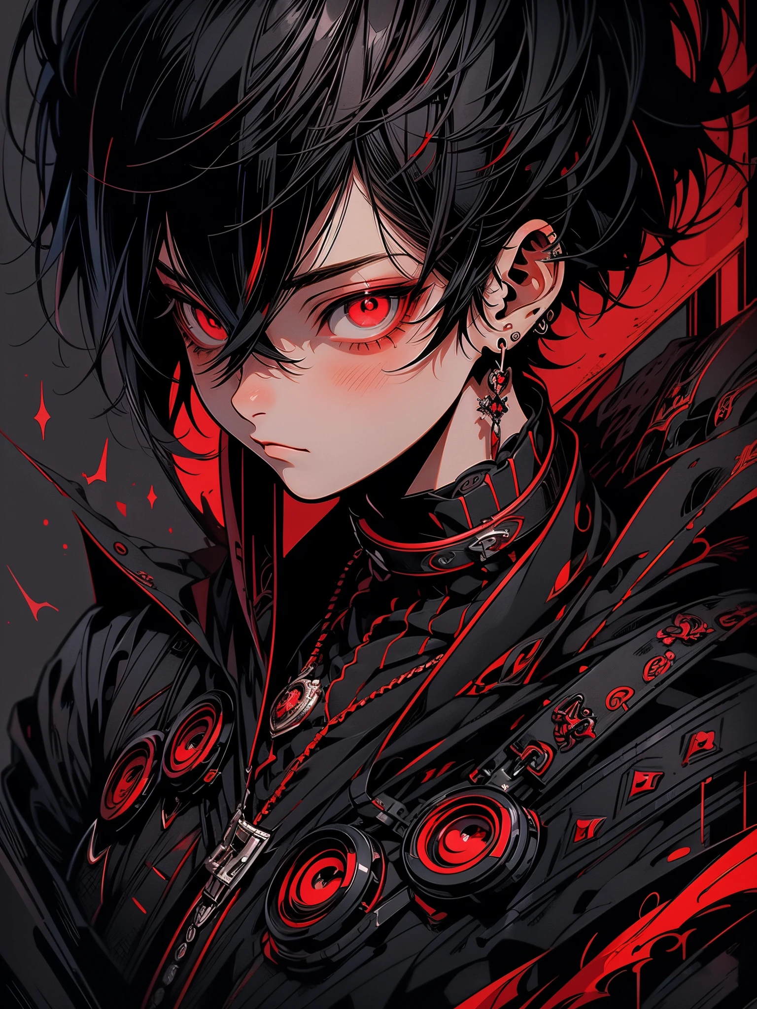 Illustration de style anime d&#39;un gars avec (cheveux noirs) et (les yeux rouges) (costume noir luxueux), capricieux, JRPG, charmant, émotionnellement, environnement détaillé, fantastique, imaginatif, visuellement riche, atmosphérique, agrandi, Éclairage plat, 2D, dessin animé, vecteur, illustration de MSchiffer, meilleure qualité, meilleure résolution