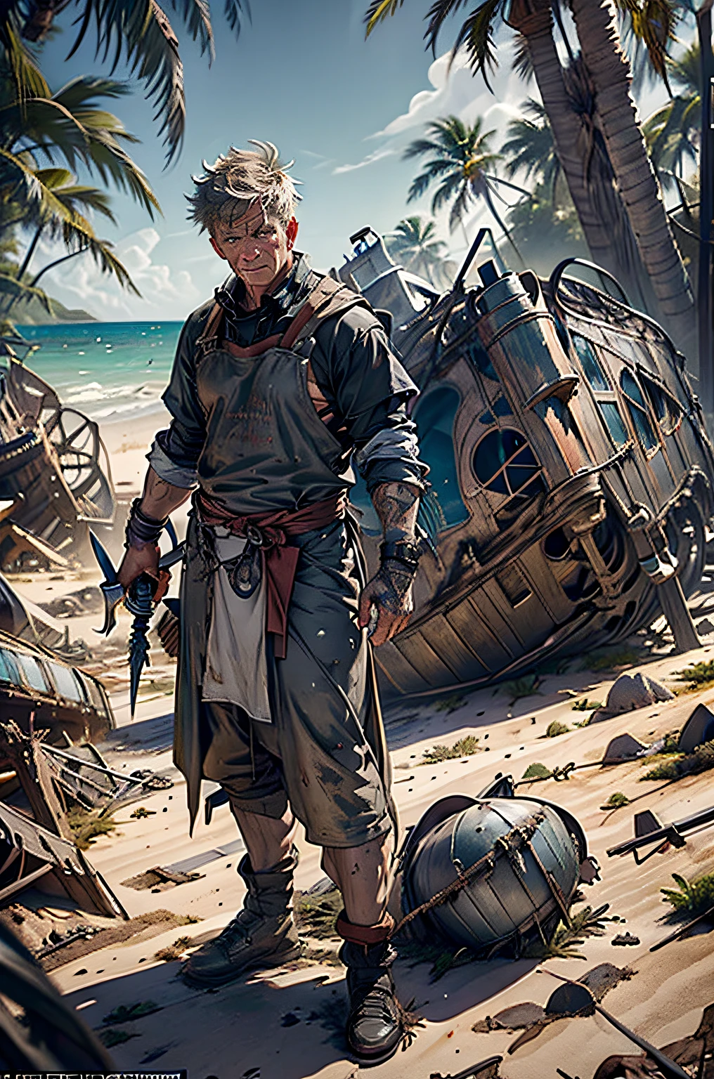 (Set in a high medieval fantasy world, grooves, vines and roots, palm trees, beach, shipwreck:1.3,)full body portrait of gordon ramsay in the wilderness, background of a shipwreck, proud and happy, spatula, chef iron casket, couldron, food