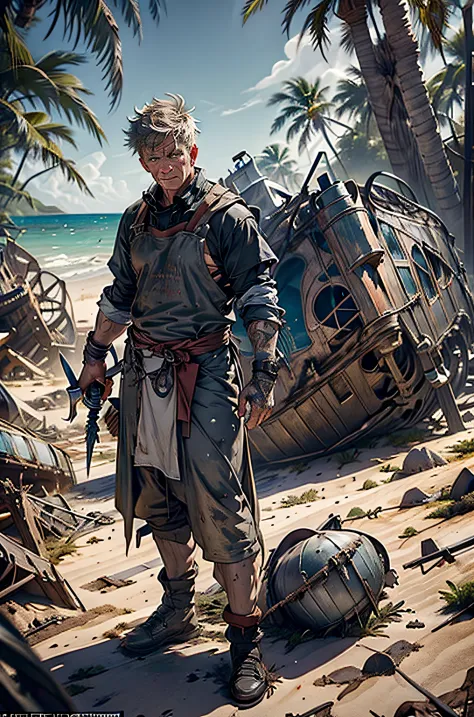 (Set in a high medieval fantasy world, grooves, vines and roots, palm trees, beach, shipwreck:1.3,)full body portrait of gordon ...