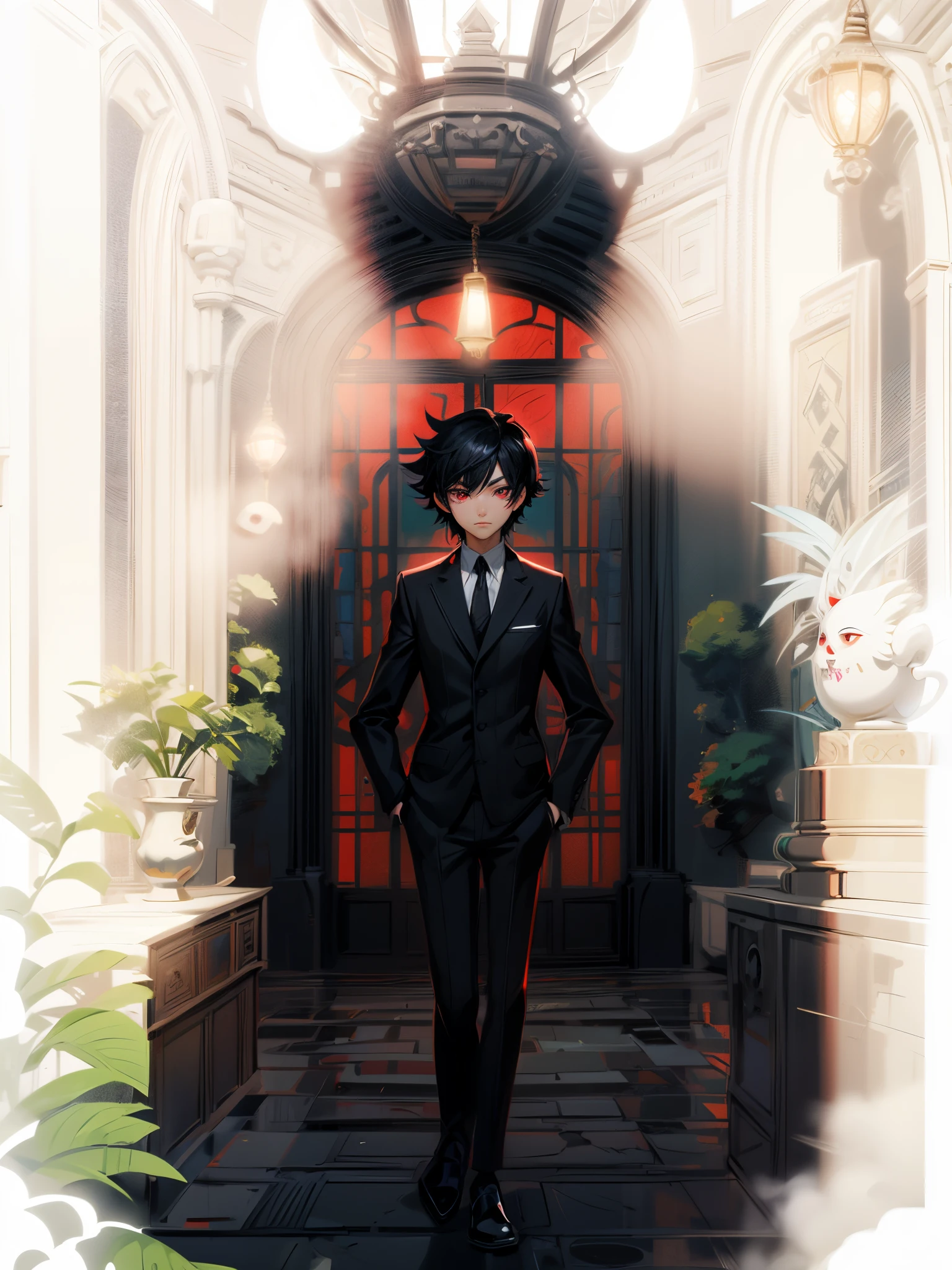 anime style illustration of a guy with (black hair) and (red eyes) (luxurious black suit), whimsical, JRPG, charming, emotionally, detailed environment, fantastic, imaginative, visually rich, atmospheric, enlarged, flat lighting, 2d, cartoon, vector, art by MSchiffer, best quality, best resolution