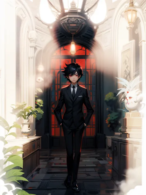 anime style illustration of a guy with (black hair) and (red eyes) (luxurious black suit), whimsical, JRPG, charming, emotionall...