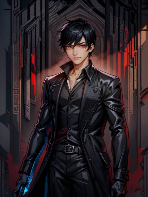 anime style illustration of a guy with (black hair) and (red eyes) (luxurious black suit), (a medieval sword at the waist), whim...