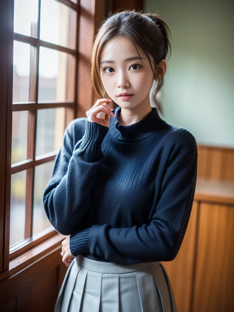 stand near the classroom window, (((lower ponytail))), pure skin, shiny skin, (((school uniform, dark blue sweater, pleated skir...