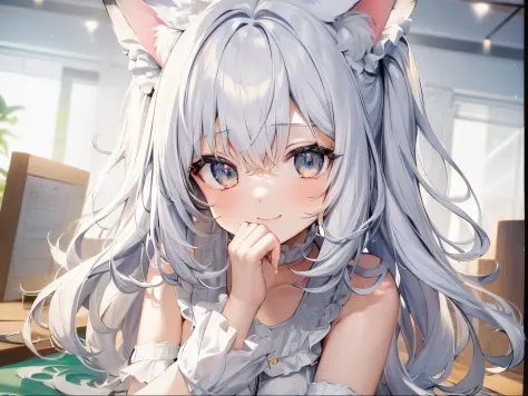 cute kitten girl, cat ears，arms spread wide，smile and be cute