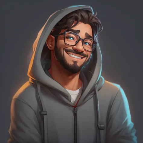 ((pivaarts)) create a high-quality 2d pixar disney cartoon portrait of a man wearing glasses and a hoodie, showing a cheerful sm...