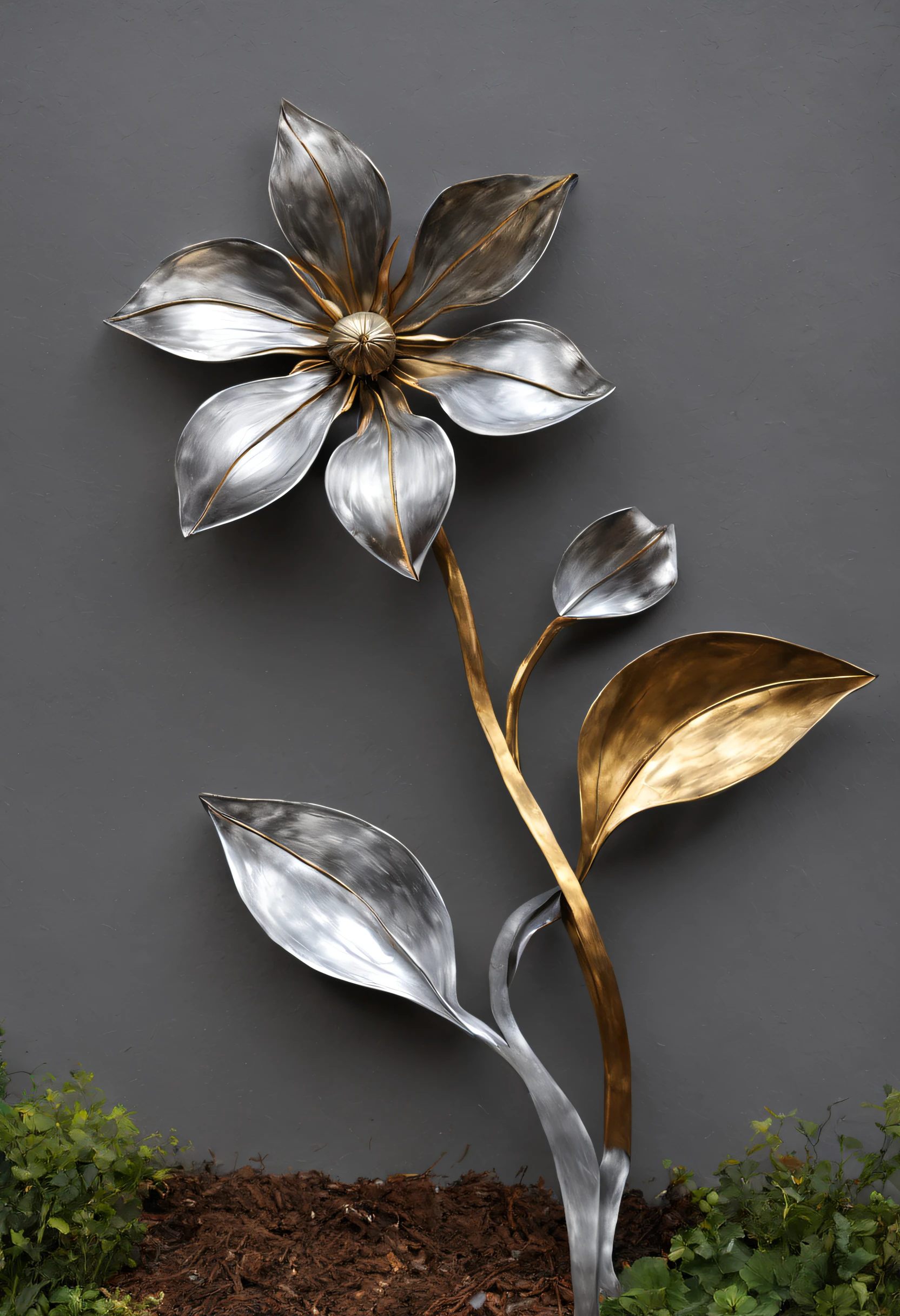 heavy metal style，metal art，flower made of iron，iron leaf，Full metallic luster，Metal texture in the post-industrial era，Delicate metallic flowers sparkle in dappled sunlight, Like metallic flowers sparkling in the sun, Each petal is carefully processed，And presented with exquisite gouache painting techniques, Every stroke captures its beauty and power, (((Complicated details:1.4))), (((Extremely crazy details:1.4))), (((high high quality:1.3))), ultimate artistic level, (((high high quality:1.3))), (((Radiosity presented in stunning 32k resolution beauty:1.3))),Alloy iron flower surrounding magic sword，Alloy vines surround the magic sword,There are iron flowers on the sword，