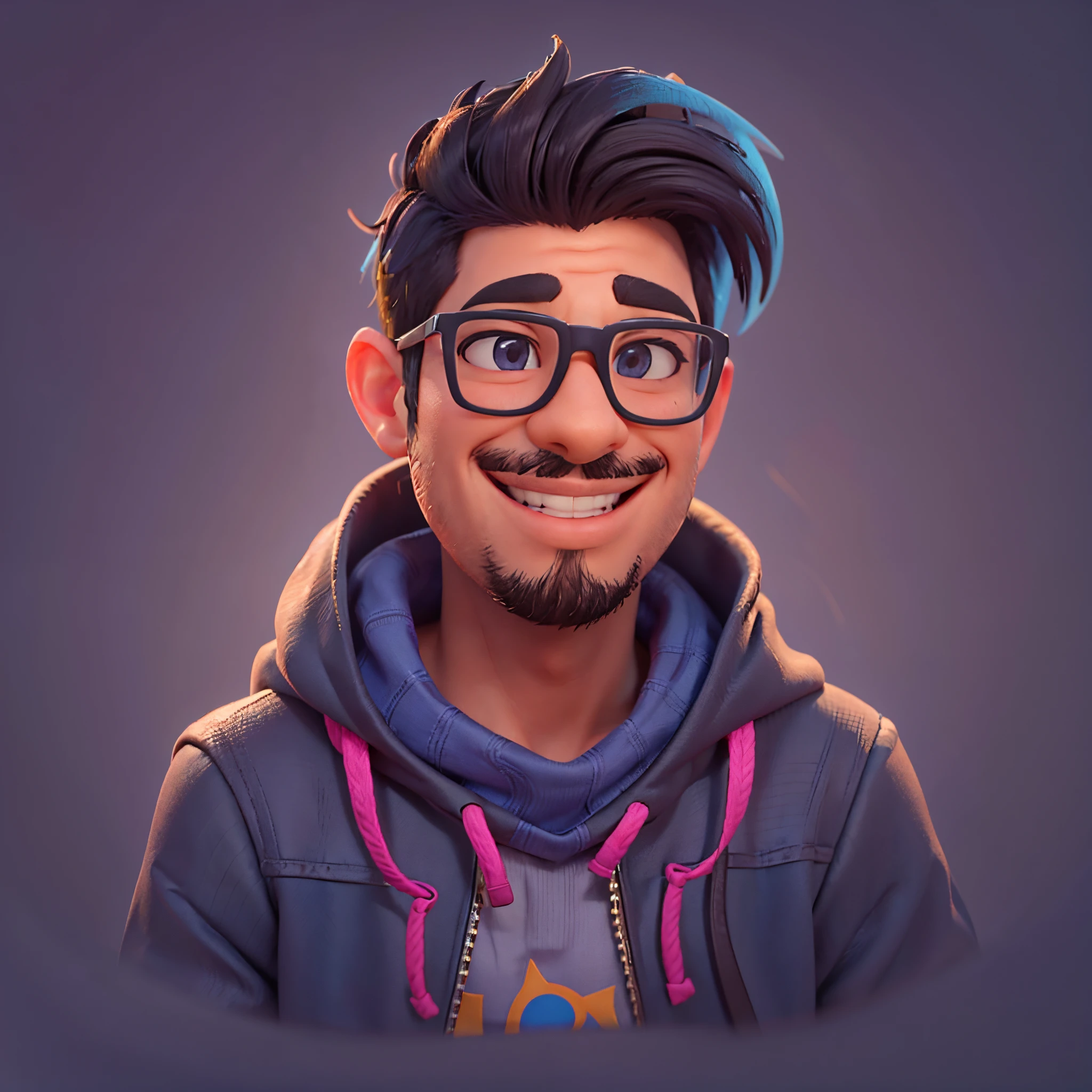 ((PivaArts)) Create a high-quality 2D Pixar Disney cartoon portrait of a man wearing glasses and a hoodie, showing a cheerful smile. This portrait is intended for use as an NFT, an avatar image, a Discord profile photo, and a character concept portrait for the Twitch streamer and gamer known as PivaArts. The completed portrait should be detailed and capture the personality and style of PivaArts, Becoming a Statement Piece. The focus is on a character headshot portrait fit for a Twitch streamer.