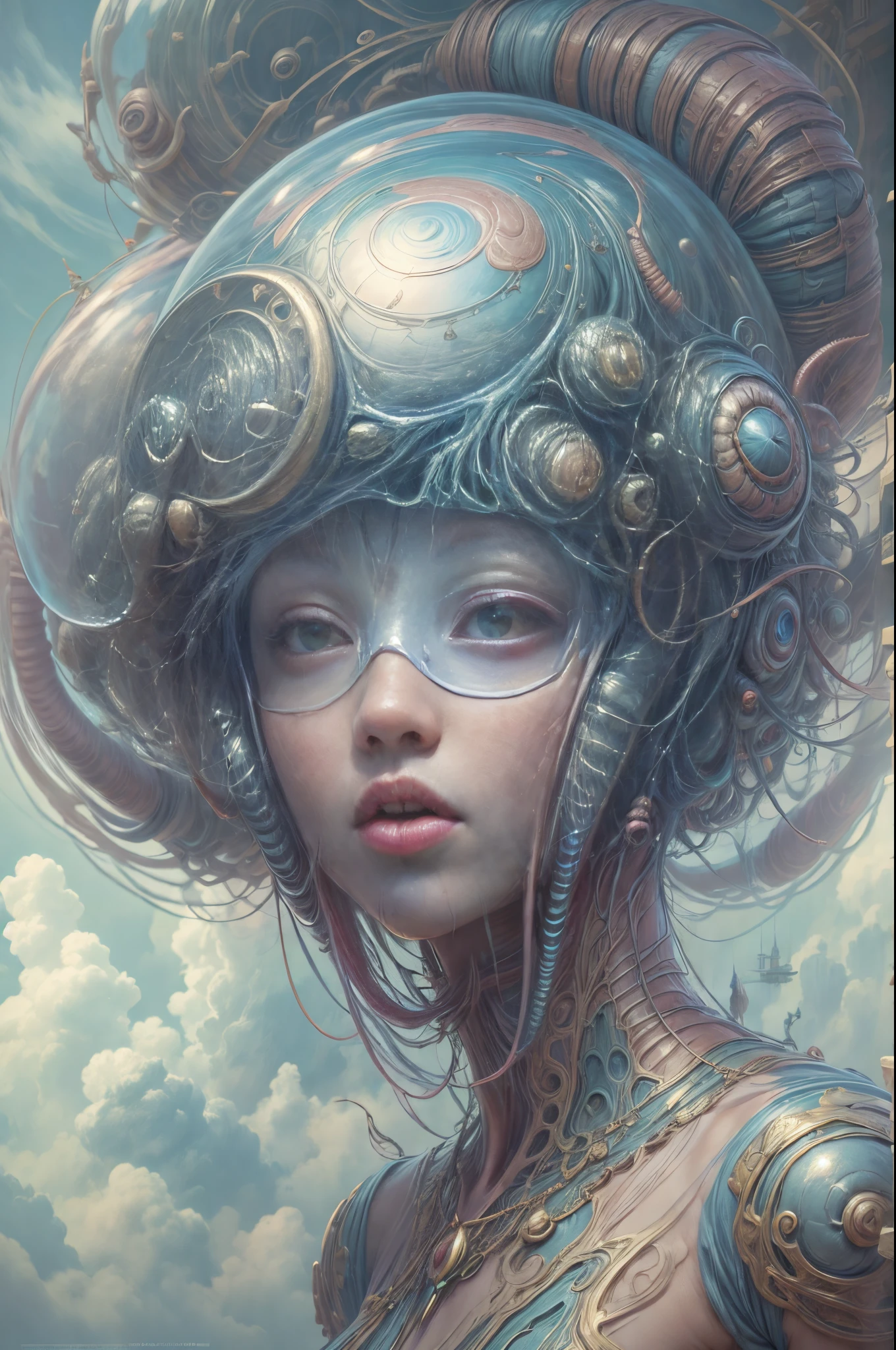 "戴着未来派头盔的外星女孩, 空灵蜗牛伴侣, 神秘光环, 超凡脱俗的云彩, 如梦如幻"