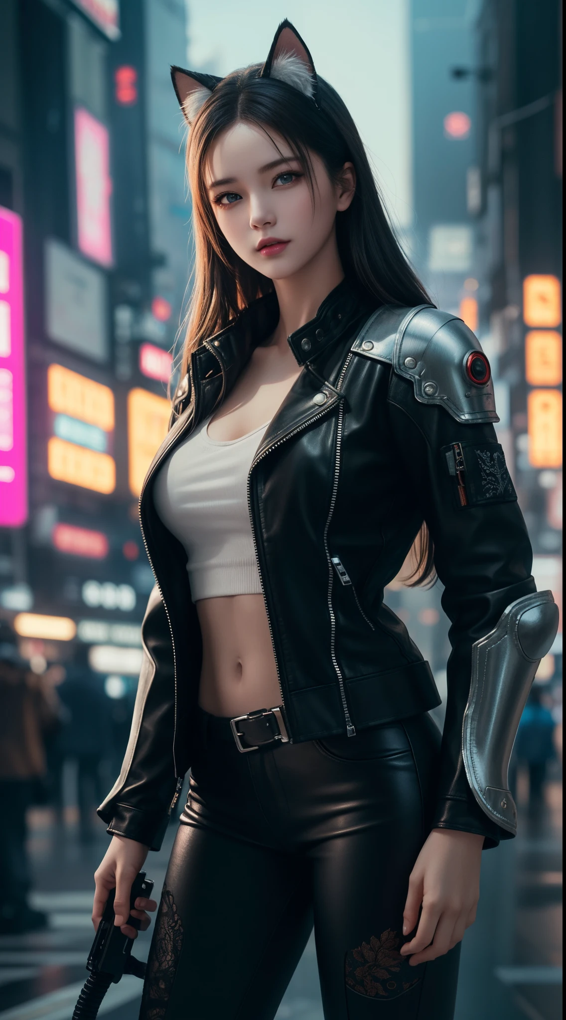 Beautiful photograph of Reika Shimohira as a Nekomata catgirl, slender body, slender hips, big breasts, wearing full ((heavy cyberpunk armor)) with neon trim, ((leather tech jacket)), cat ears, cat tail, science fiction, cyberpunk city in the background, Gantz, In the Style of Cyberpunk 2077, Ultra realistic photo, masterpiece, best quality, CG, wallpaper, HDR, high quality, high-definition, extremely detailed, {beautiful detailed face}, {beautiful detailed eyes}, (detailed light){{intricate detail}}, {highres}, ((detailed face)), neon light, chiaroscuro, key visual, intricate detail, highly detailed, breathtaking, vibrant, cinematic