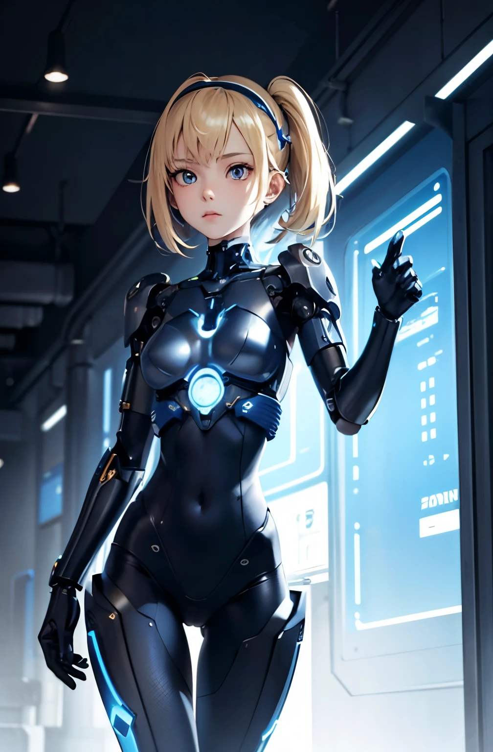 1girl in,Beautiful girl with blue cyborg body,cool expression,Accurately drawn face,Blonde Shorthair,headband made from mechanical parts,her ears are mechanical,A slender,tre anatomically correct,Precise cyborg body made of blue metal parts, purah, and mechanical parts..,Joints are mechanical,Glowing parts,precision mechanical fingers,cables,Western Shot,Knee up,In the factory of the future,​masterpiece,hiquality,precise,