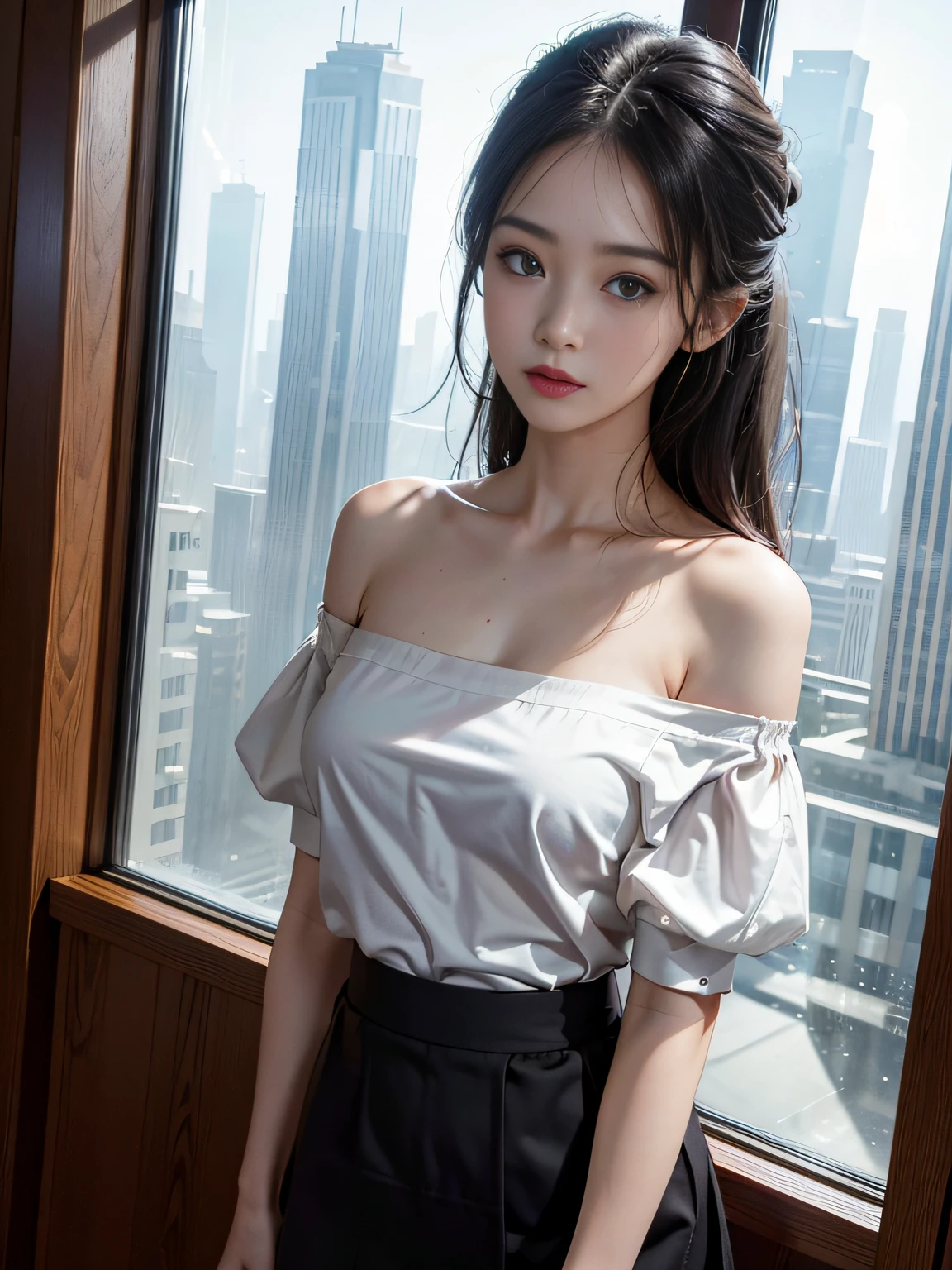 top-quality、​masterpiece、超A high resolution、(Photorealsitic:1.4)、Raw photo、女の子1人、off shoulder black tight skirt、(girl standing by the window in the office)、(Outside the window, skyscrapers are hazy)