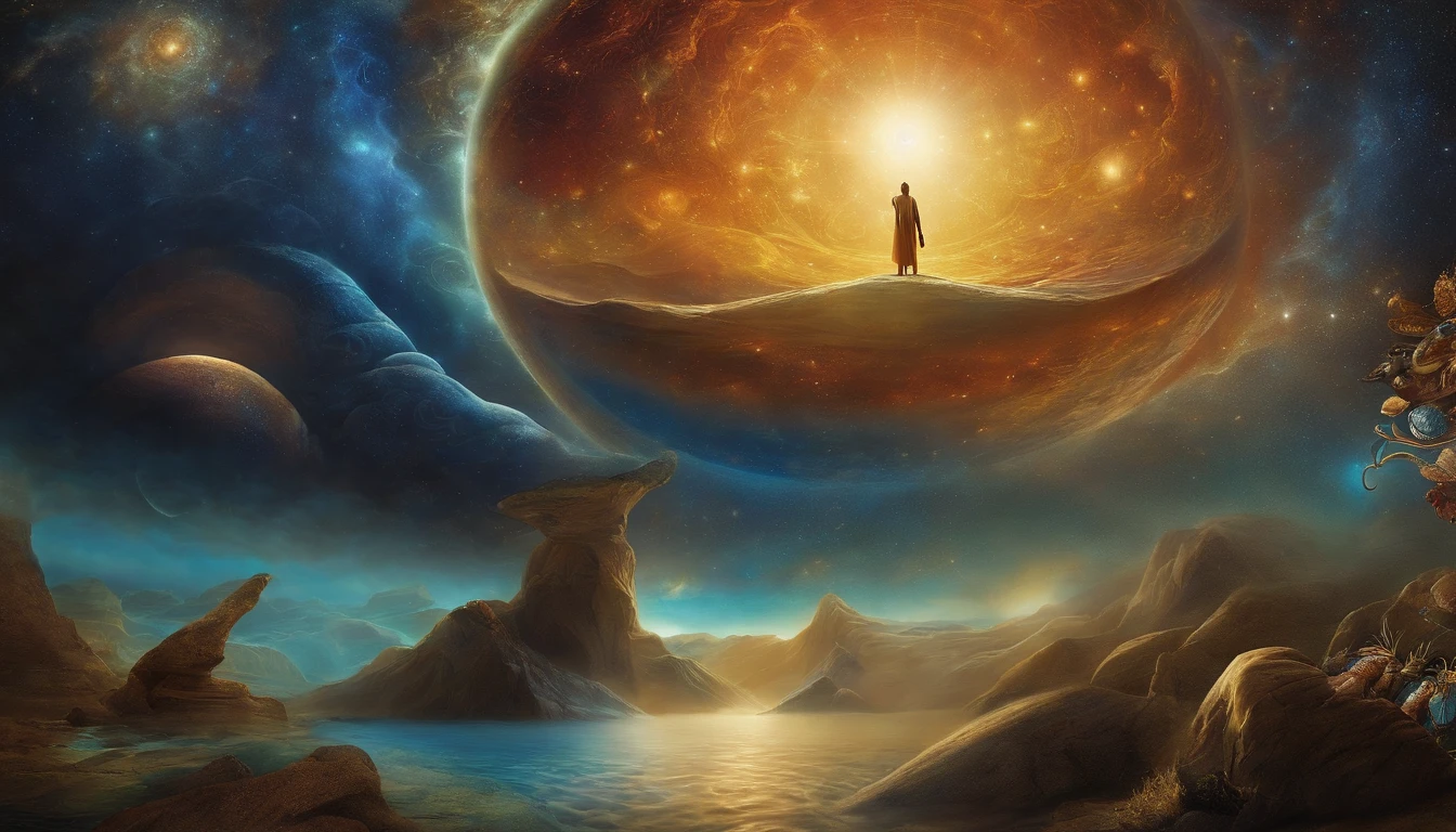 A painting of a man standing on a hill looking at a giant star - SeaArt AI