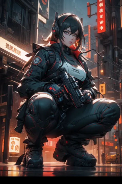Muscle Special Forces Girl，eyes glowing,  Wearing black special forces equipment, Gun in hand, full bodyesbian, Shoot at knee le...