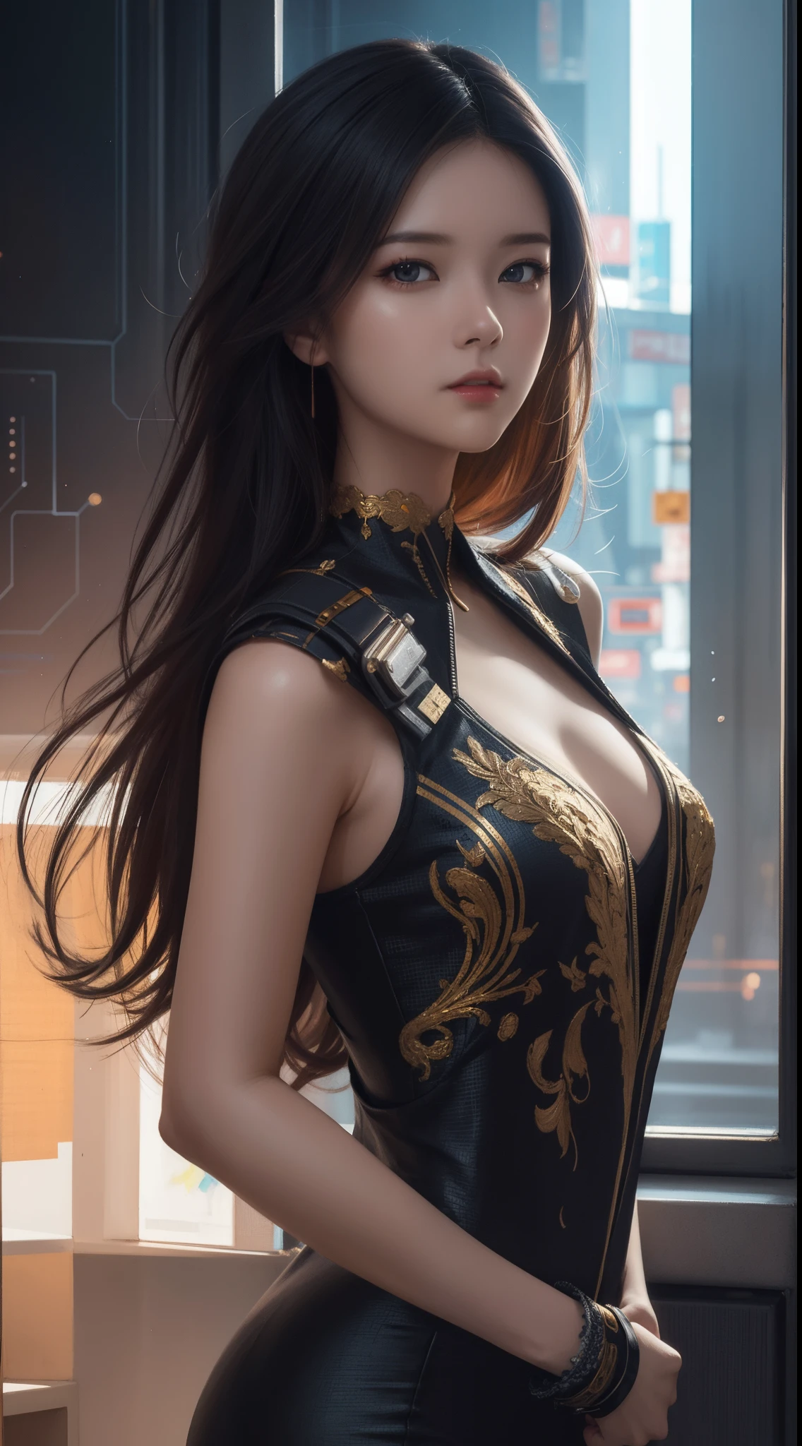 Anime-Gemälde einer süßen asiatischen Cyberpunk-Frau, shapeless cyberpunk hair, dynamische pose, elegante pose, helle Farben, Kunst von Carne Griffiths und Wadim Kashin Konzeptkunst, Cyberpunk-Hintergrund, Abstrakte Schönheit, Nahezu perfekt, reiner Form, Goldener Schnitt, Minimalismus, Konzeptkunst, komplizierte Details, 8k-Nachbearbeitung, hohe Auflösung, super detail, Trends auf Artstation, scharfer Fokus, Studiofotos, komplizierte Details, Sehr detailiert, von Greg Rutkowski