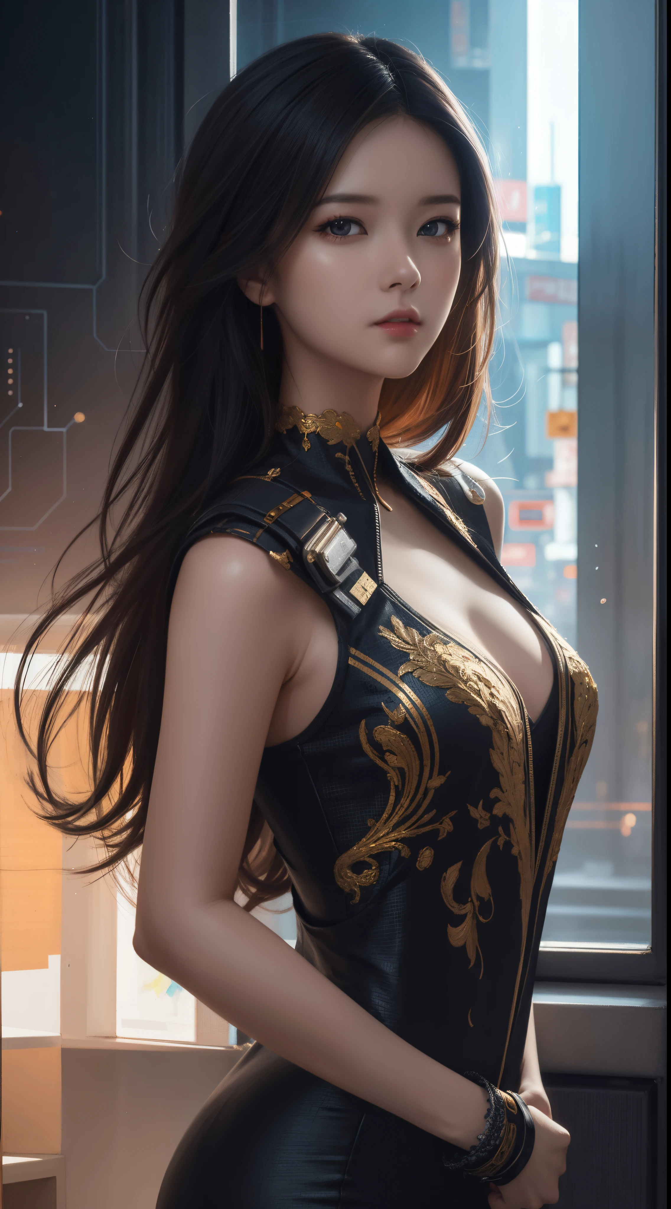 peinture animée d&#39;une jolie femme cyberpunk asiatique, cheveux cyberpunk informes, pose dynamique, pose élégante, Couleurs vives, art de Carne Griffiths et art conceptuel de Wadim Kashin, fond cyberpunk, Beauté abstraite, proche de la perfection, forme pure, nombre d&#39;or, Minimalisme, art conceptuel, détail complexe, Post-production 8K, Haute résolution, super détail, tendance sur artstation, netteté, photos d&#39;atelier, détail complexe, Très détaillé, par Greg Rutkowski