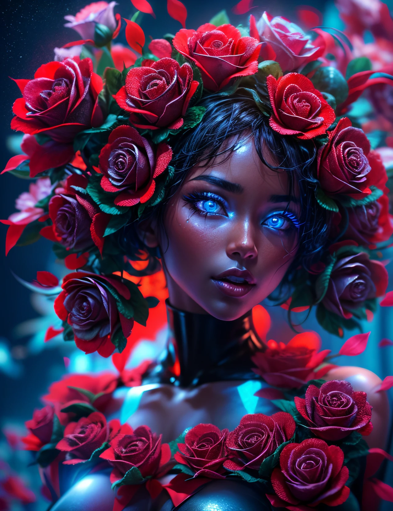 Beautiful black latex woman, Cyan eyes, Covered with illuminated red roses, Bright Blue White Glowing Heart, Visible from a human, the night, coloration, Photography Hyper Detail Cinematic HDR Lighting, Softbox Lighting, 極端なディテール, 8K, 3D Rendering, hyper realistic, NVIDIA,