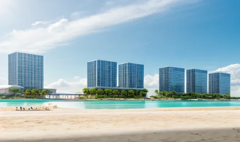High-rise glass buildings, below are tall coconut trees, white sand beaches and ocean waves. Blue sky, few clouds, beautiful sunny day, excellent quality.