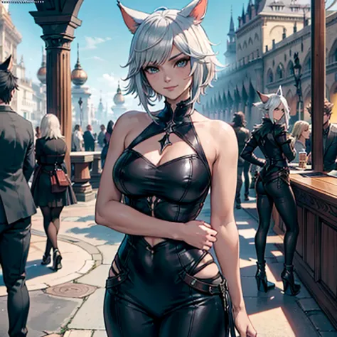 1fille, miqo&#39;te final fantasy 14, porte un jean noir, un haut noir, arms crossed, cheveux noirs , yeux verts, queue, teint n...